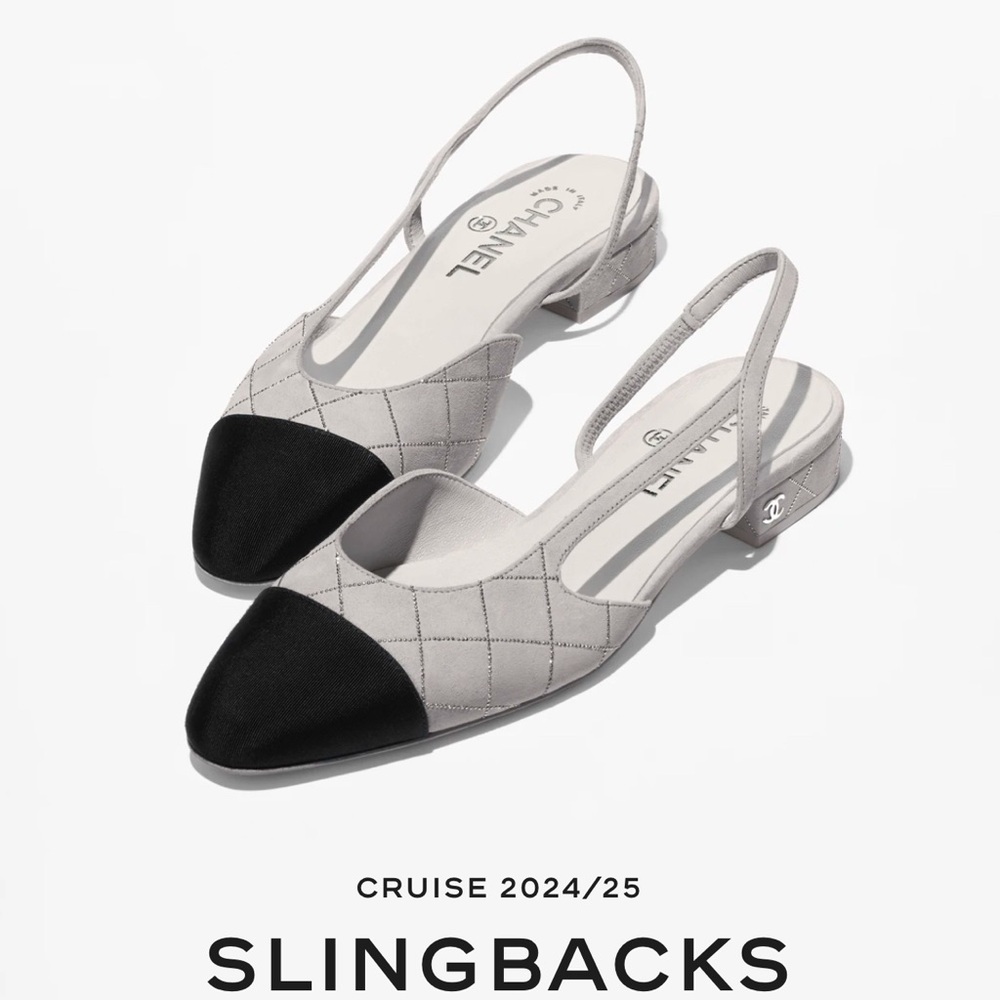 CHANEL slingback Gray, silver and Black rhinestone 39 quilted cruise 24/25